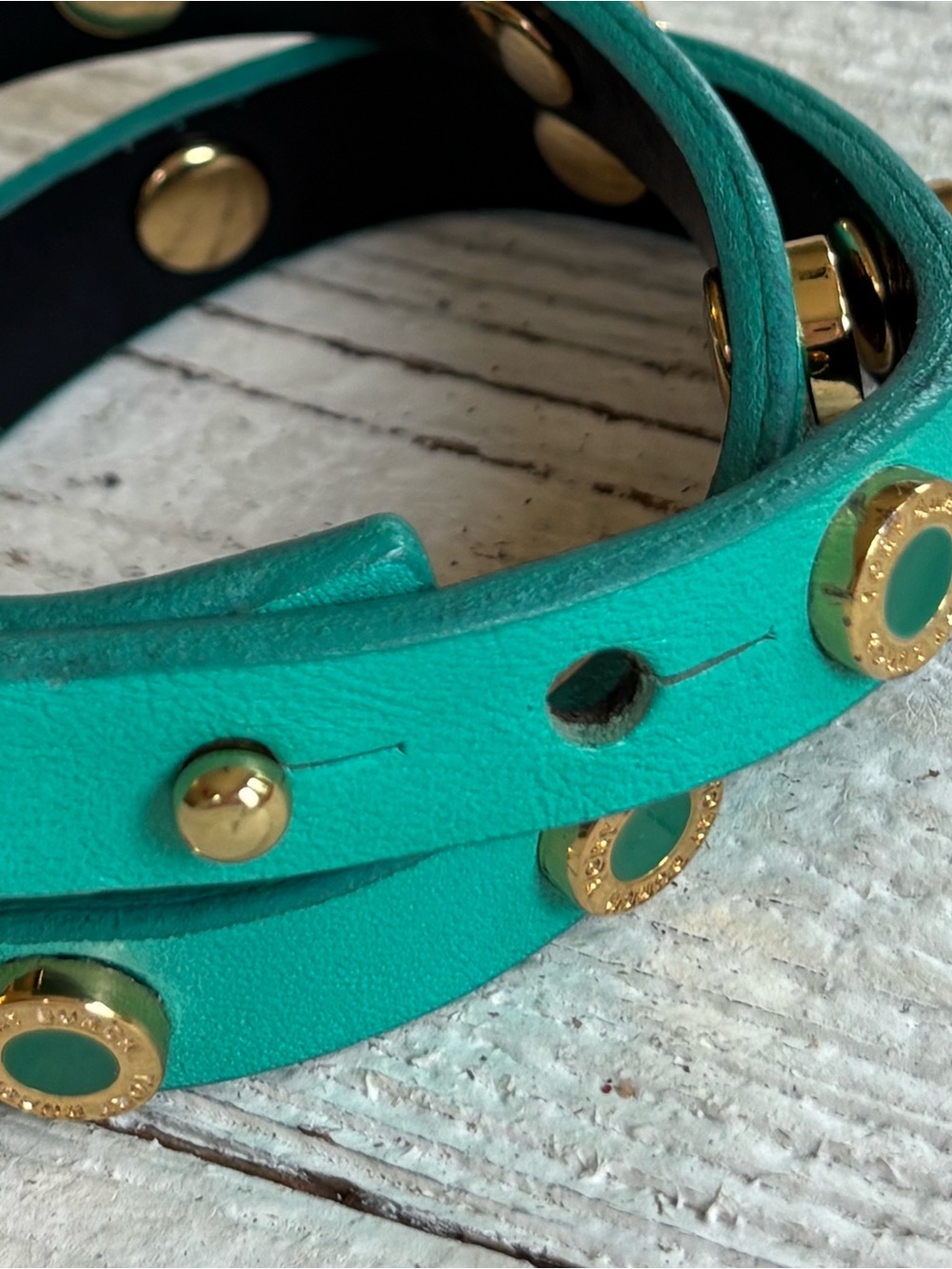 TORY BURCH $128 Teal Double Wrap Leather Stud Bracelet brass leather Boho - Picture 6 of 10